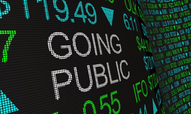 Going public stock market sign